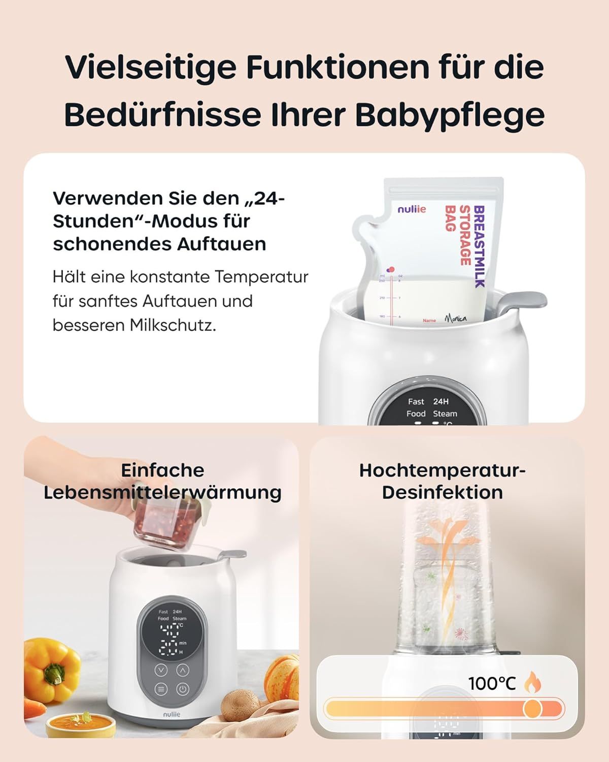 Nuliie flessenwarmer: 24-uurs modus voor ontdooien, eenvoudig voedsel/desinfectie opwarmen.