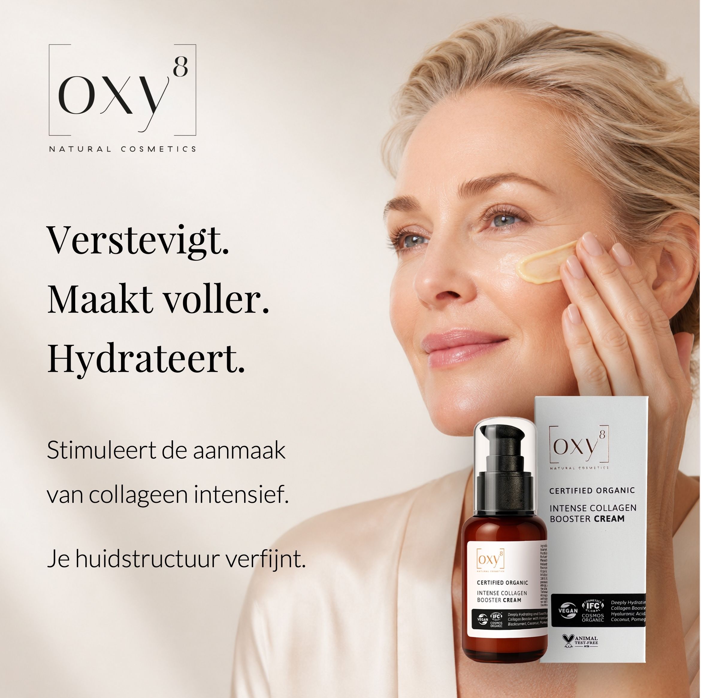 Advertentie: Vrouw brengt crème aan, tekst: Verstevigt. Maakt voller. Hydrateert.