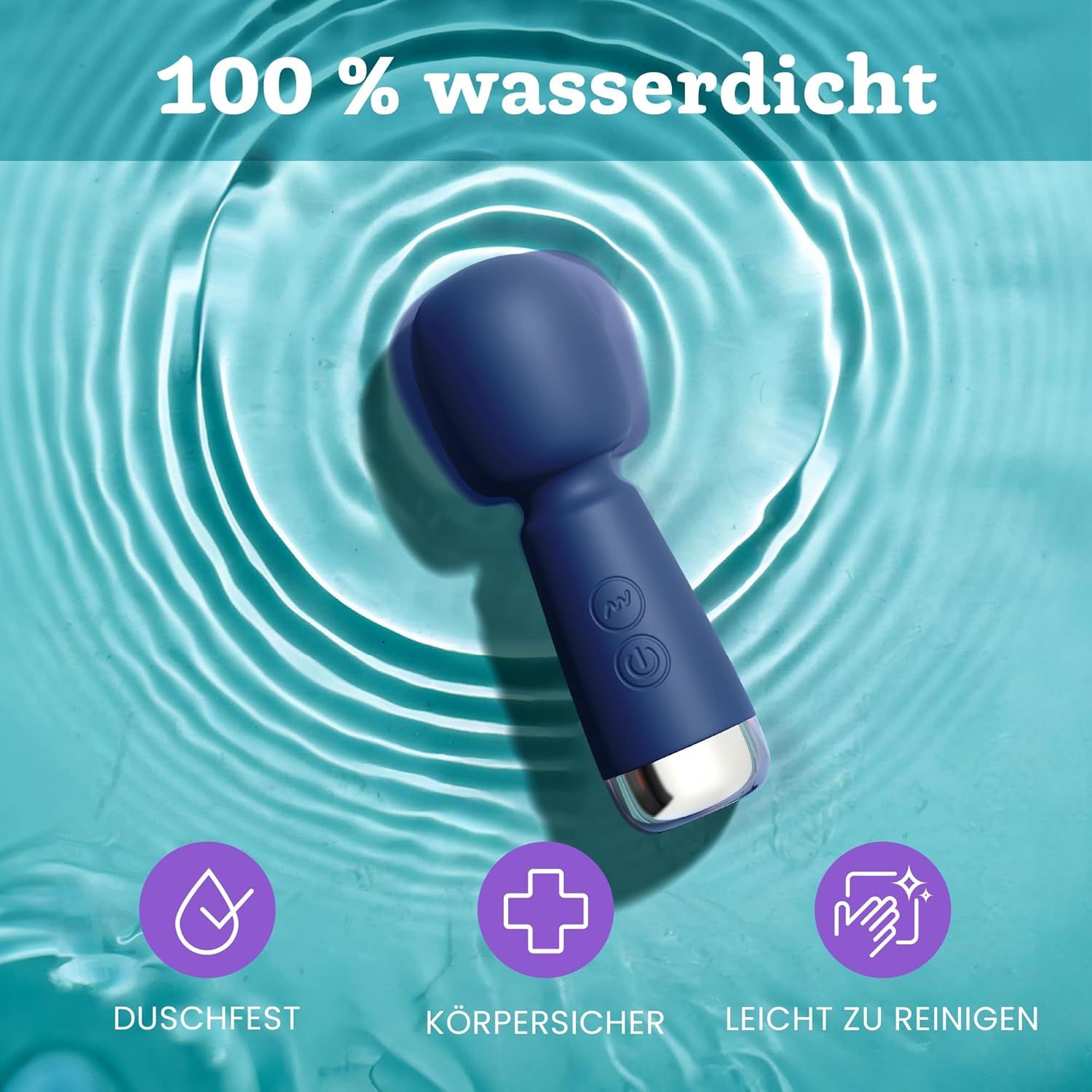 Mini vibrateur bleu sur une surface d'eau. Icônes : Étanche, Sûr pour le corps, Facile à nettoyer.