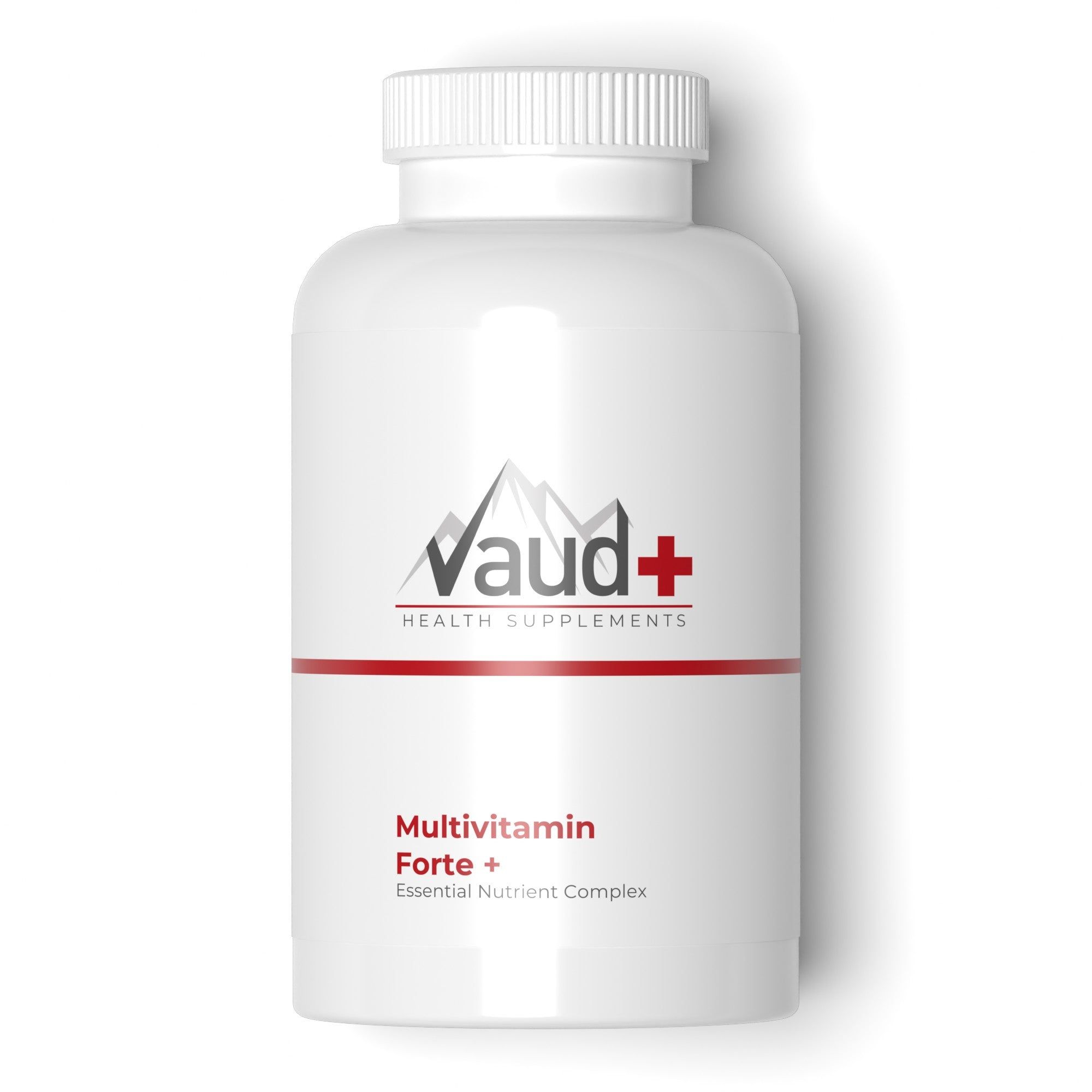 Witte fles met schroefdop. Rode streep met tekst. Opschrift: Vaud+ Health Supplements, Multivitamin Forte + Essential Nutrient Complex.