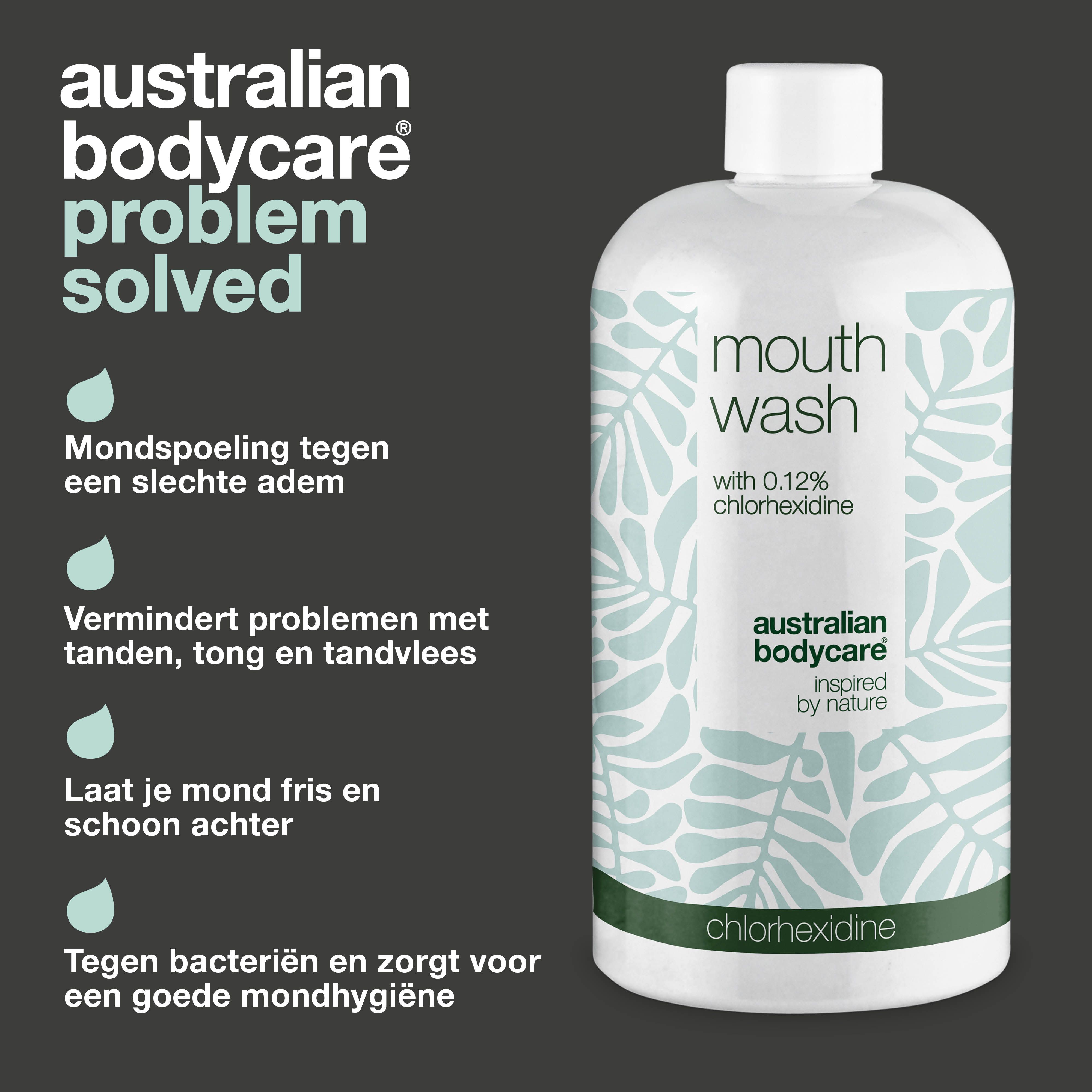 Productfles met tekst: vermindert slechte adem, voorkomt tandvleesproblemen, zorgt voor frisheid. Australian Bodycare.