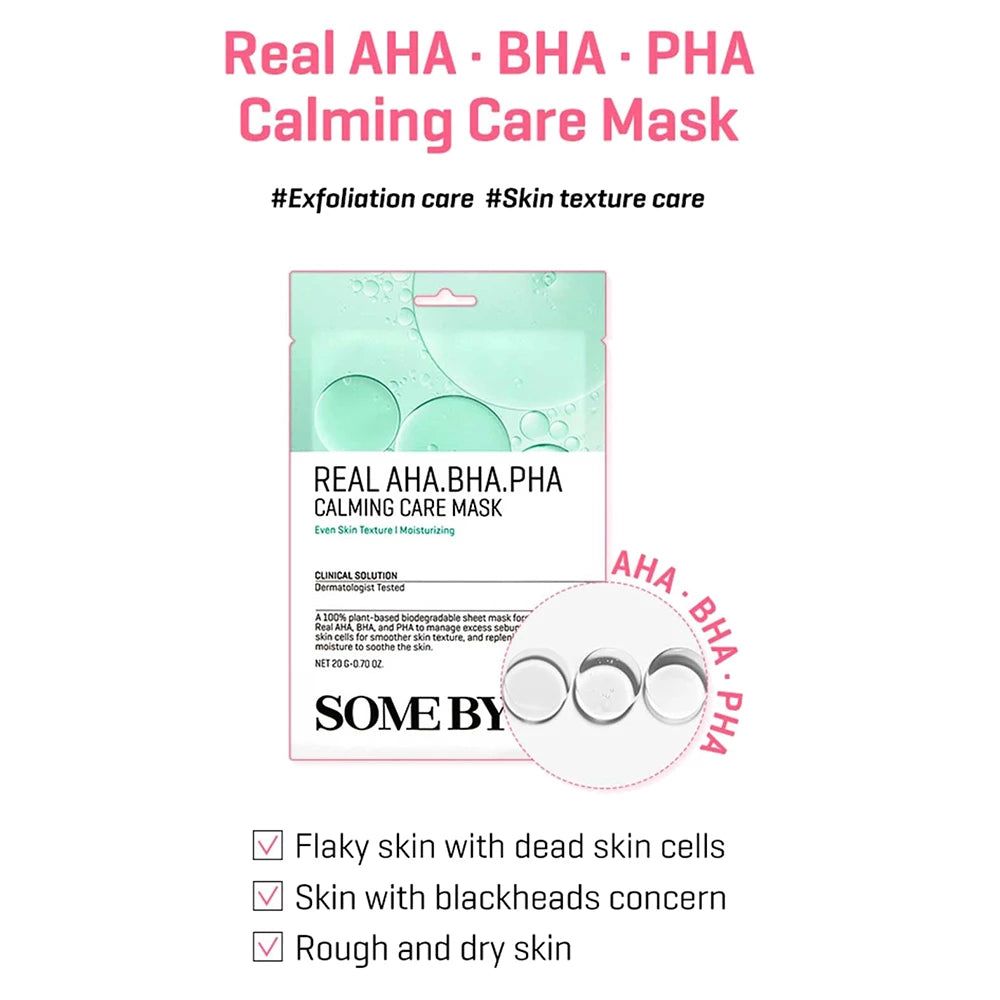 SOMEBYMI Real AHA-BHA-PHA kalmerend masker verpakking met productinformatie en toepassingsgebieden.