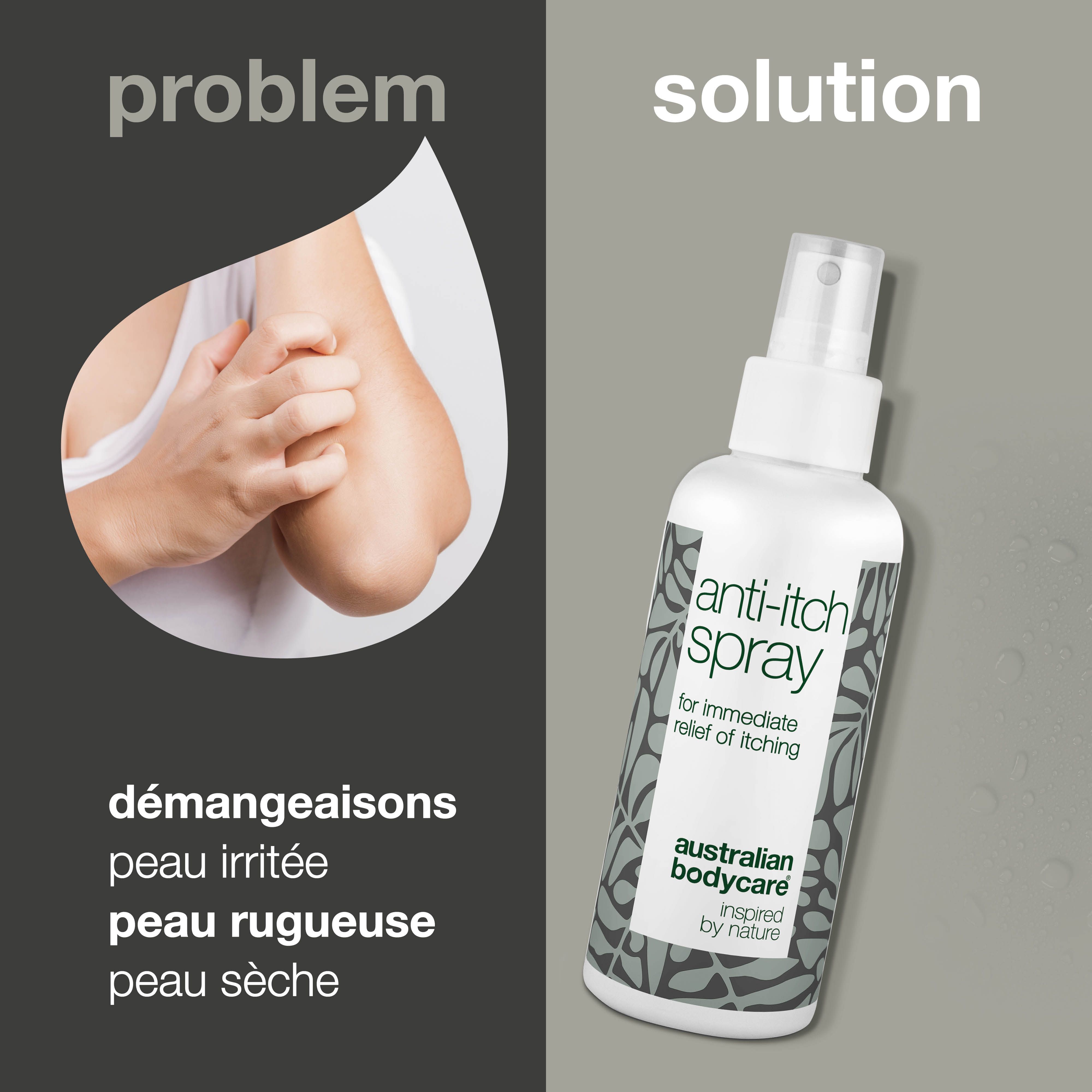 Spray anti-démangeaisons à côté d'un bras. Texte : 'démangeaisons, peau irritée'.