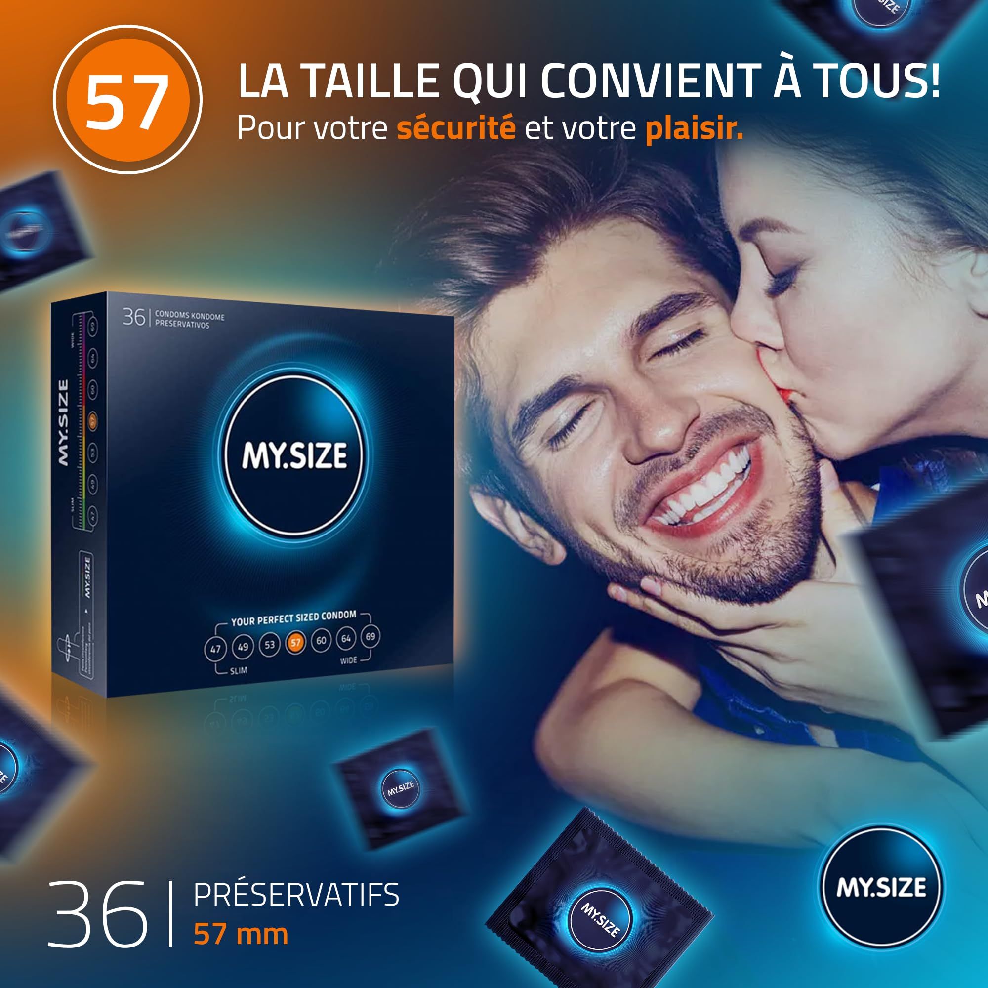 Boîte de 36 préservatifs MY.SIZE 57. Montre les tailles 47-69.