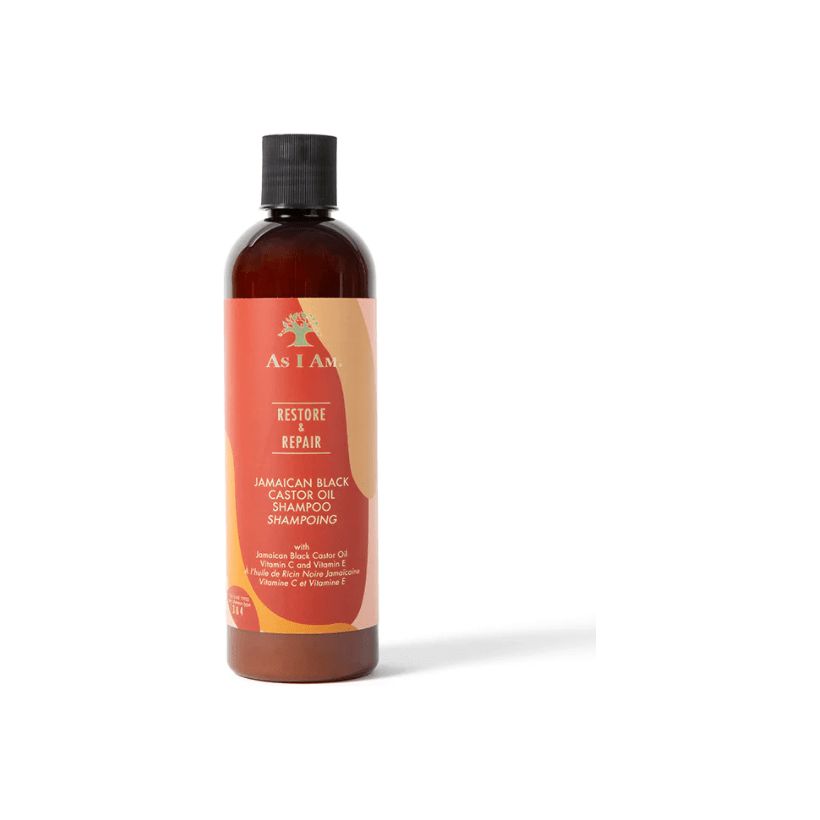 Bruine fles met zwarte dop. Etiket met tekst: As I Am, Restore & Repair, Jamaican Black Castor Oil Shampooing.