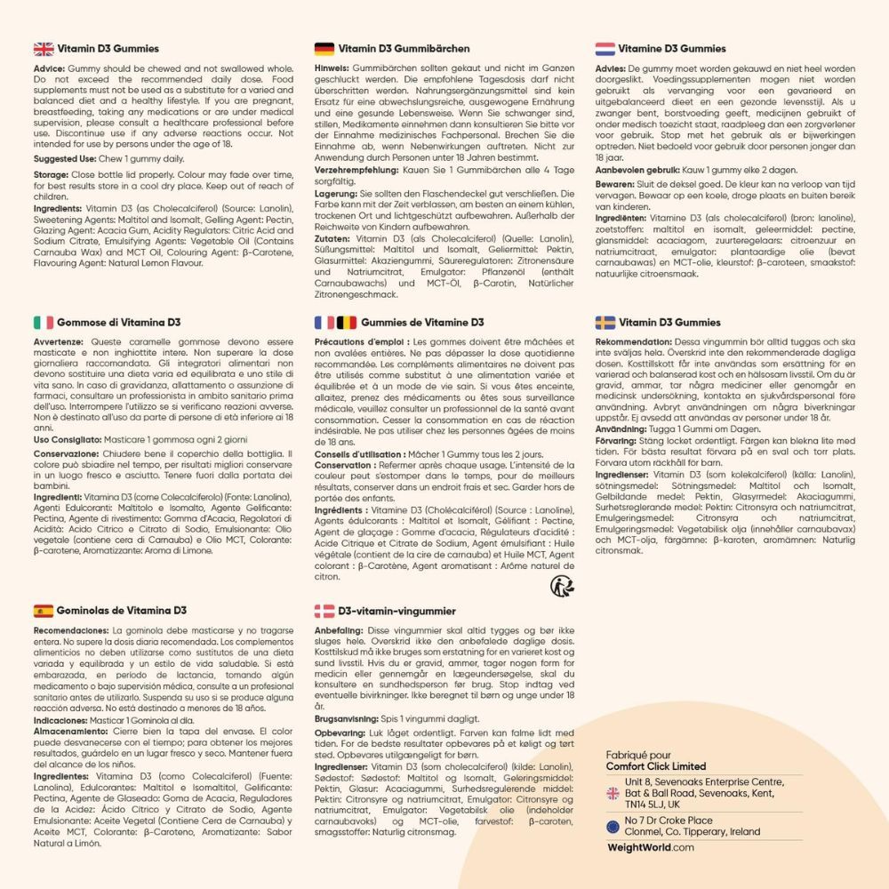 Informations produit et informations nutritionnelles. Texte: 4000UI (100µg) de vitamine D3. Contient 120 portions.