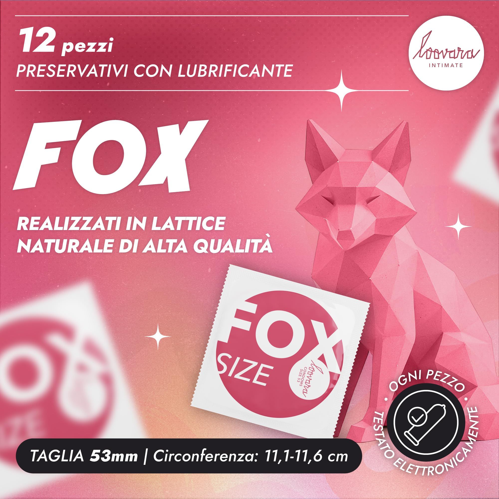 12 préservatifs Loovara, taille 53 Fox, avec lubrifiant, en caoutchouc naturel.