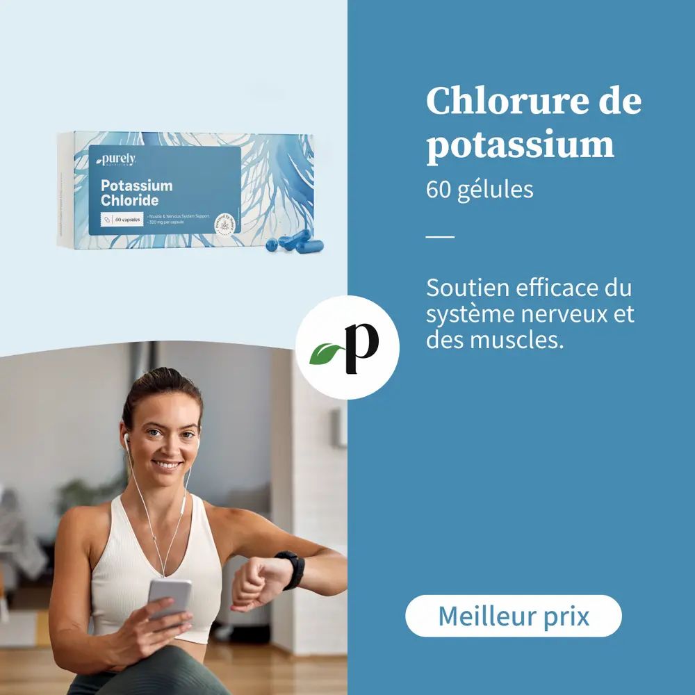 Femme avec smartphone. Paquet « Potassium Chloride ». Texte : Chlorure de potassium, 60 gélules.