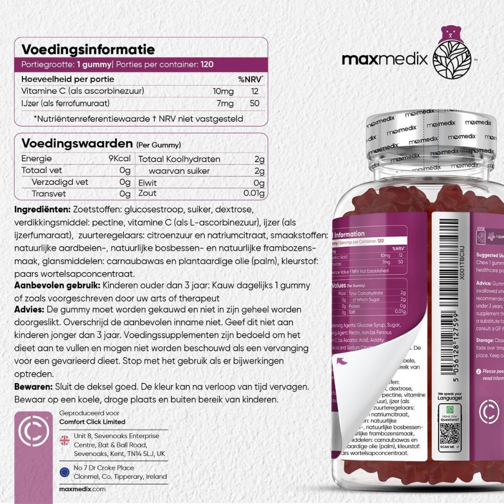 Voedingstabel. 1 gummy: 10mg Vitamine C, 7mg IJzer. Ingrediënten: glucosestroop, suiker, etc. Gebruiksaanwijzing.