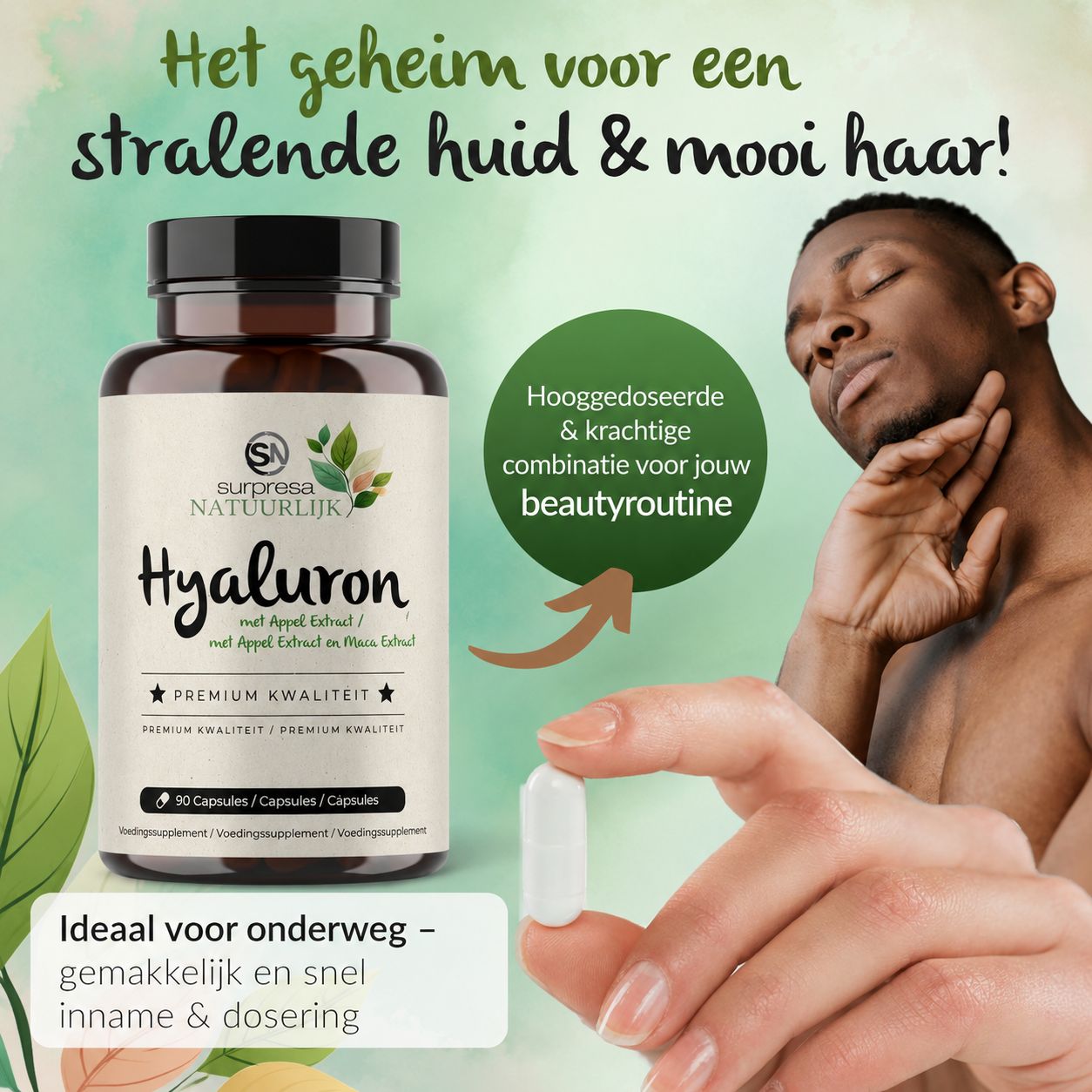 Fles Surpresa Natural Hyaluron capsules met appel-extract. Hooggedoseerd & goed verdraagbaar. Hoge biologische beschikbaarheid.