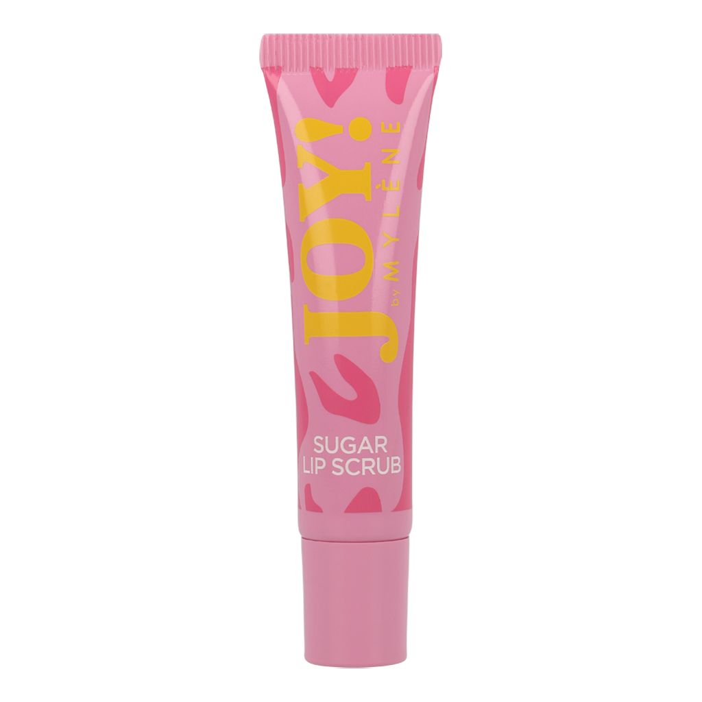 Mylène JOY! Sugar Lip Scrub dans un tube rose avec inscription jaune et vagues roses.