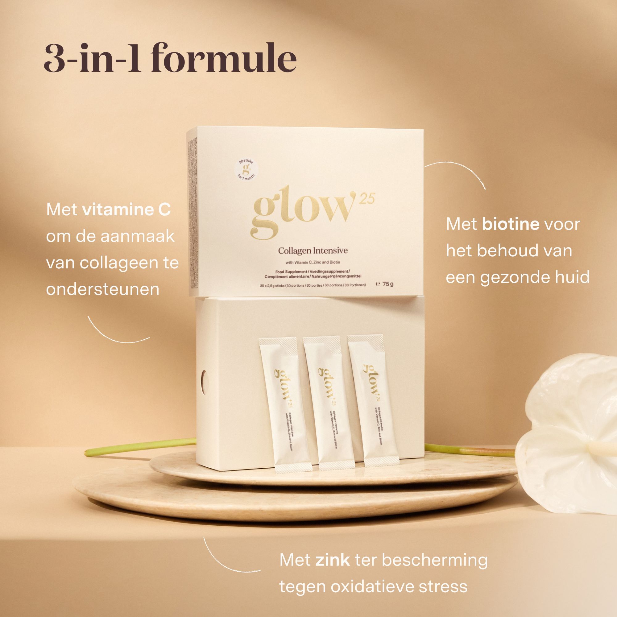 Productverpakking met sticks. Tekst: 3-in-1 formule: Vitamine C, Zink, Biotine.