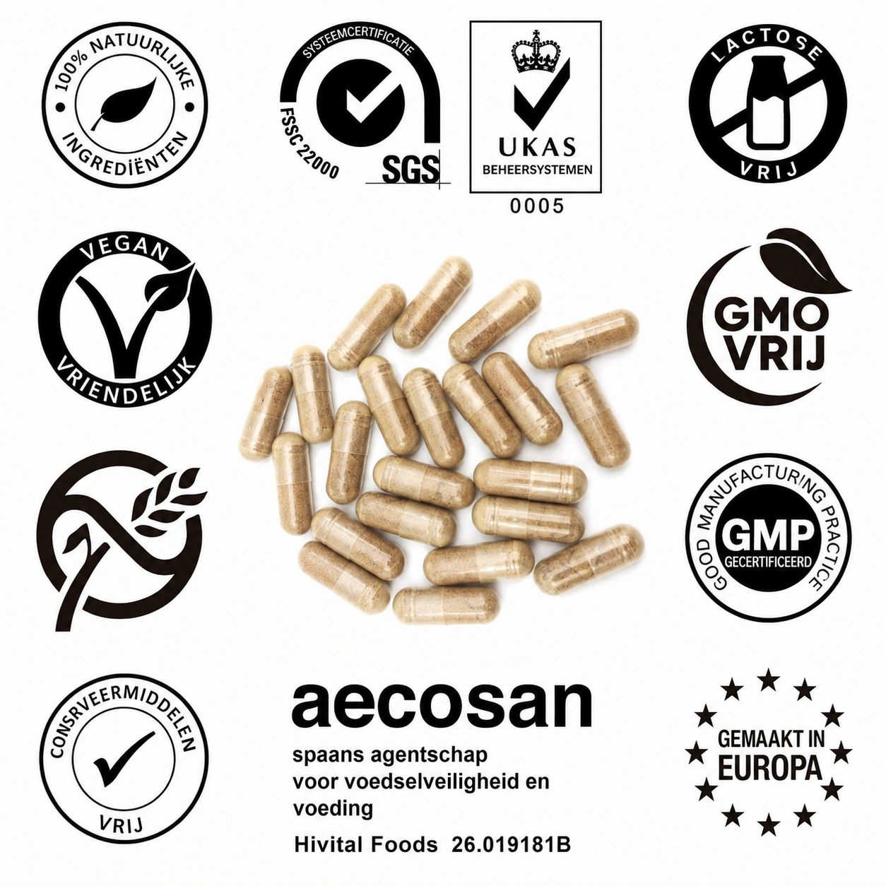 Meerdere bruine capsules op een witte achtergrond. Diverse certificeringslogo's zijn zichtbaar: 100% natuurlijke ingrediënten, vegan, glutenvrij, lactosevrij, GMO-vrij, GMP, UKAS, SGS.