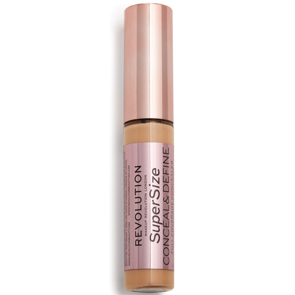 Flacon de correcteur avec bouchon or rose. Inscription : Super Size Conceal & Define.
