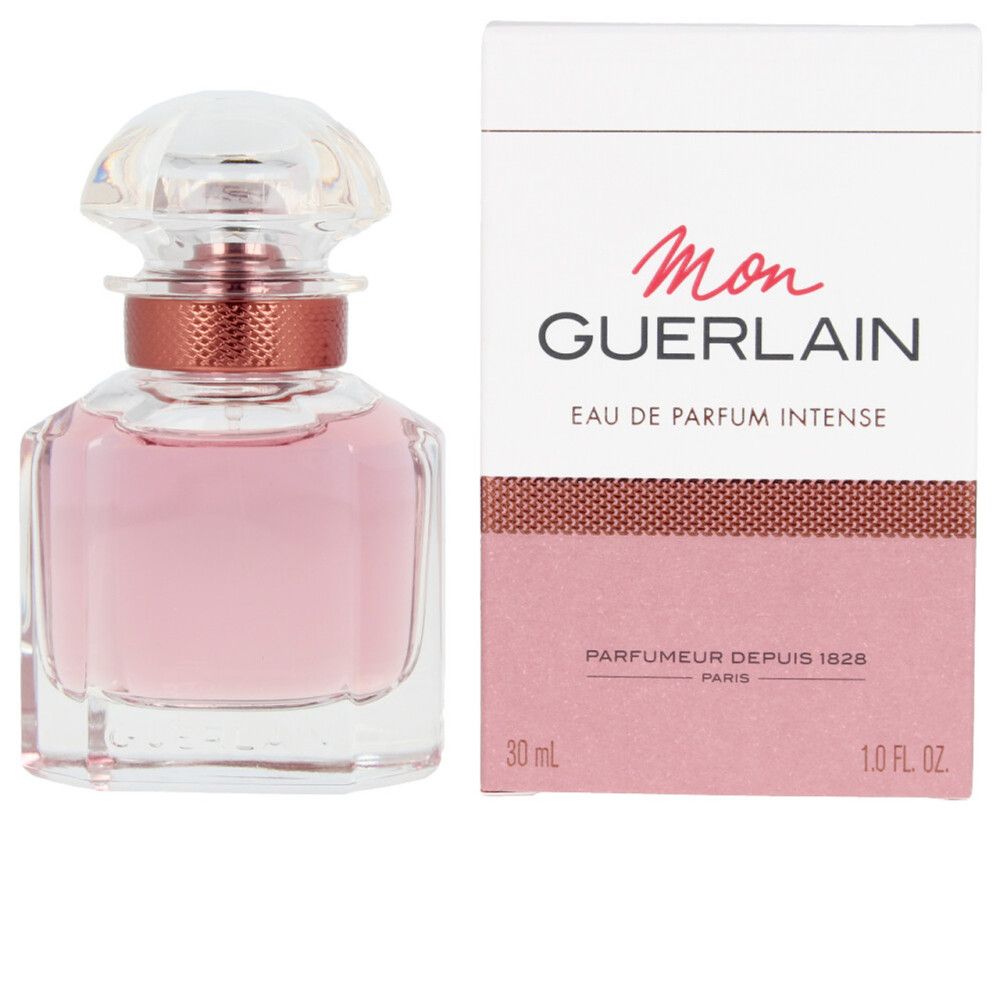 Guerlain Mon Guerlain Intense Edp fles en verpakking. Roze vloeistof, 30 ml, transparante fles, witte doos.