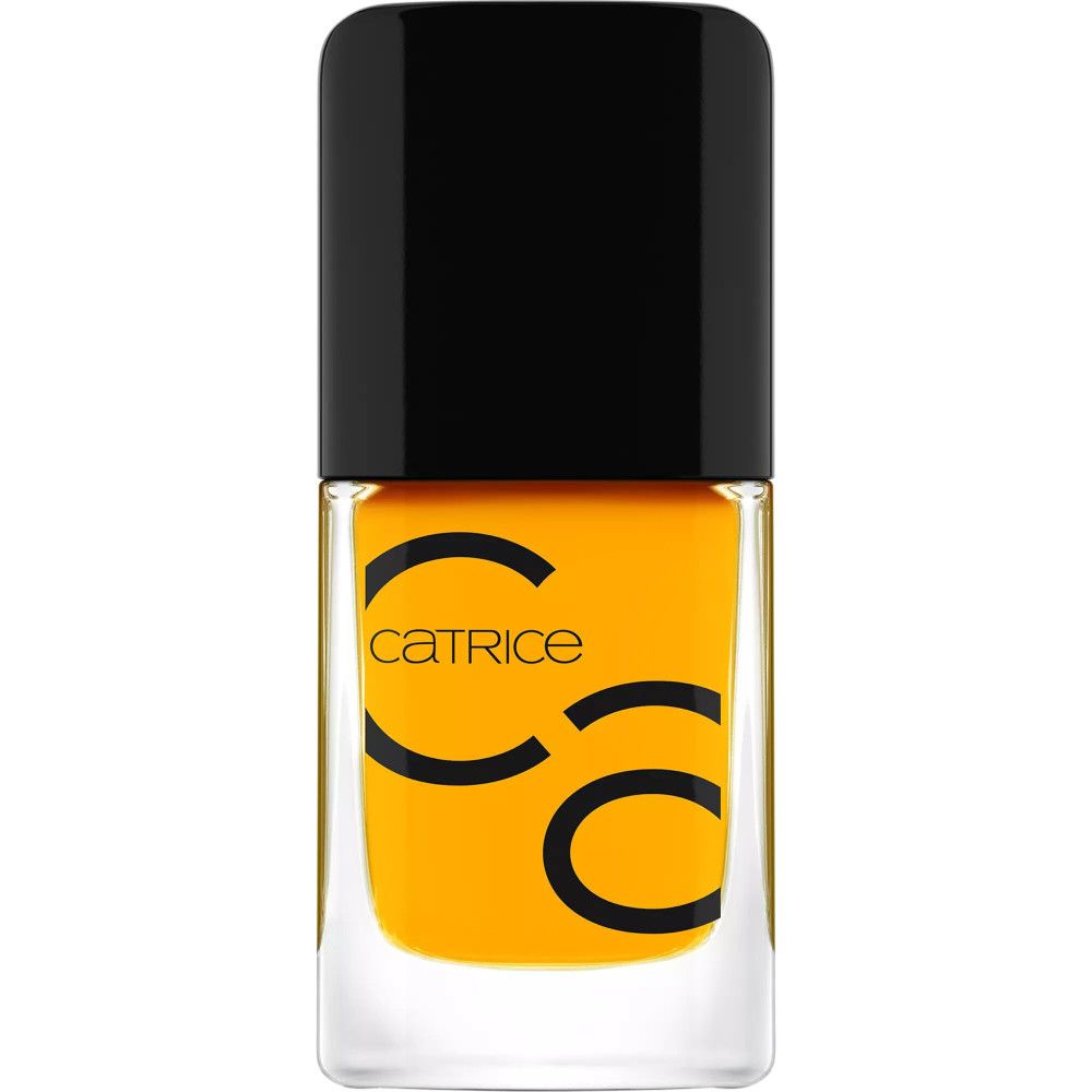 Flacon de vernis à ongles Catrice avec bouchon noir et contenu jaune. Logo Catrice sur le flacon.