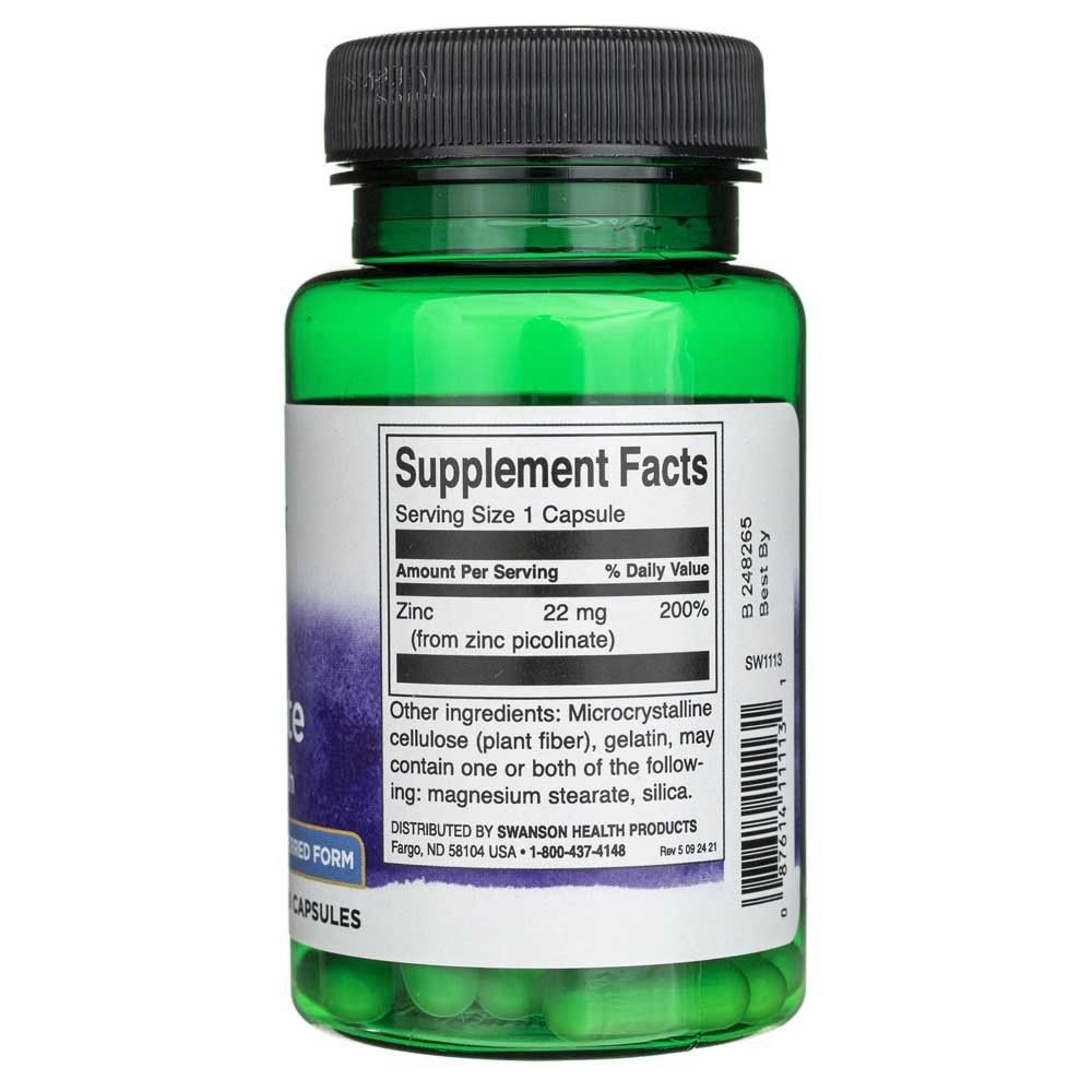 Bouteille verte de gélules de picolinate de zinc. Supplement Facts indique 22 mg de zinc par gélule.