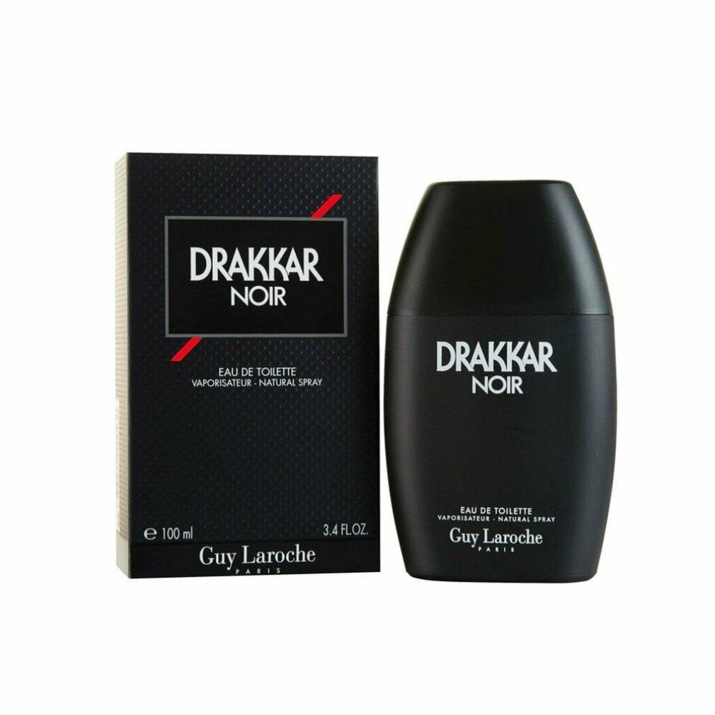 Flacon et boîte Drakkar Noir. Flacon noir, forme ovale. Boîte avec logo et texte. Eau de Toilette. Guy Laroche.