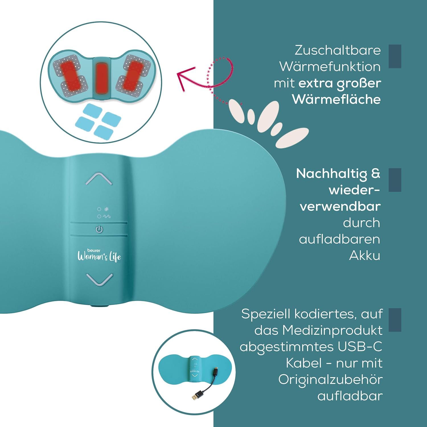 Turquoise apparaat met bedieningspaneel. Tekst: Inschakelbare warmtefunctie. Oplaadbaar. USB-C-kabel.