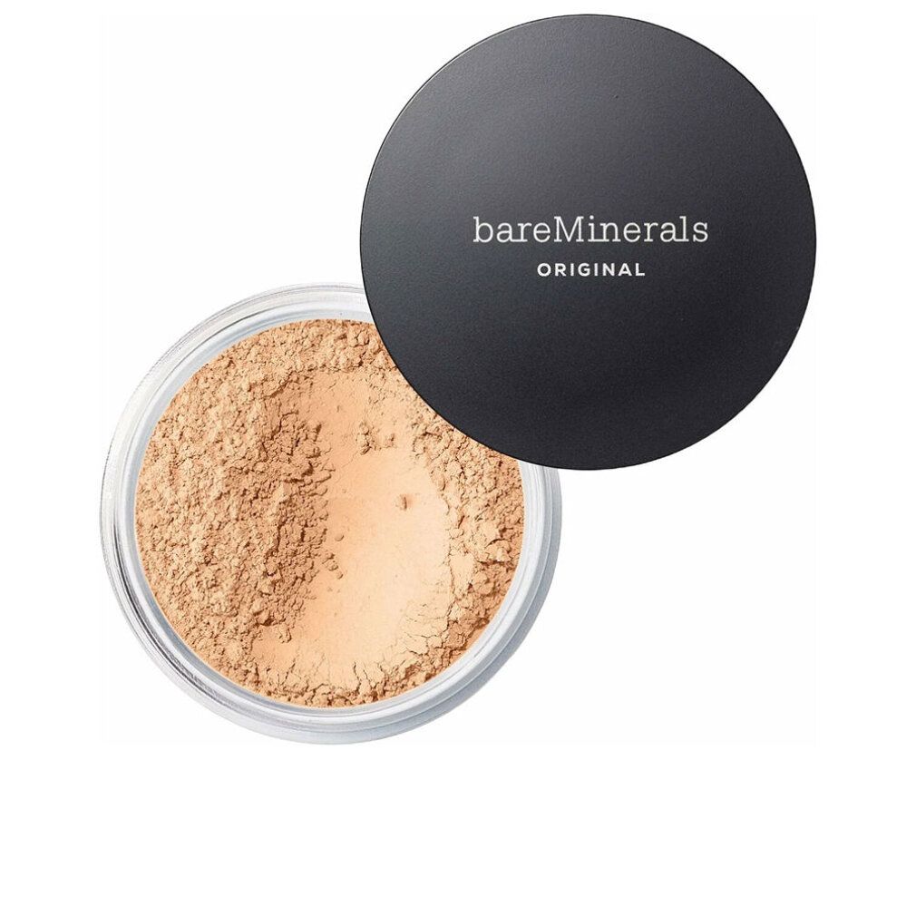 Pot ouvert de poudre claire. Couvercle noir avec texte "bareMinerals ORIGINAL".