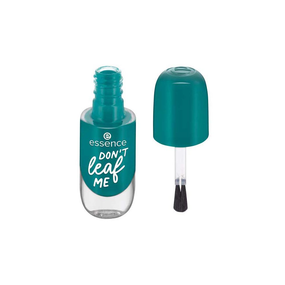 Flacon de vernis à ongles ouvert. Bouchon et col turquoise. Inscription : Essence, Don't Leaf Me.
