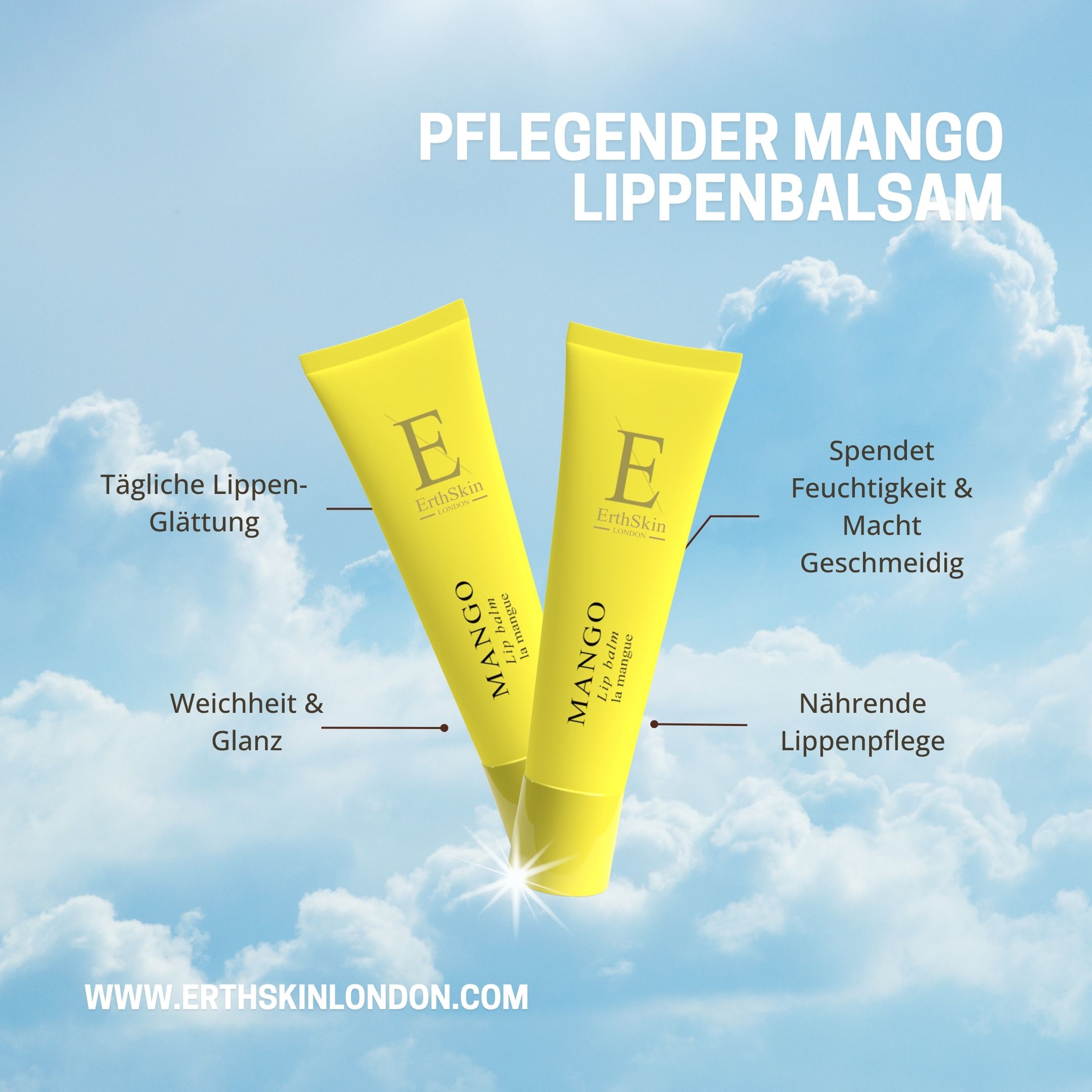 Twee gele lippenbalsemtubes. Tekst: Mango, ErthSkin London. Tekstvelden: Gladmaken, hydratatie, zachtheid, verzorging.