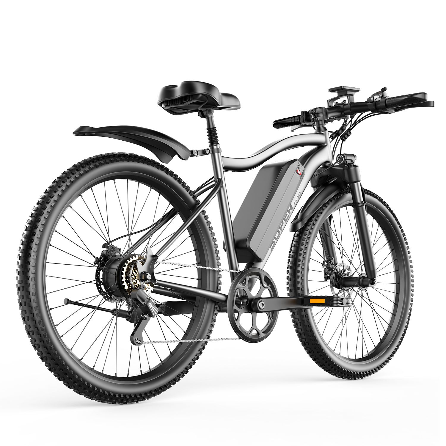 Vue arrière du vélo électrique. Pneus noirs, garde-boue, dérailleur et batterie. Cadre gris.