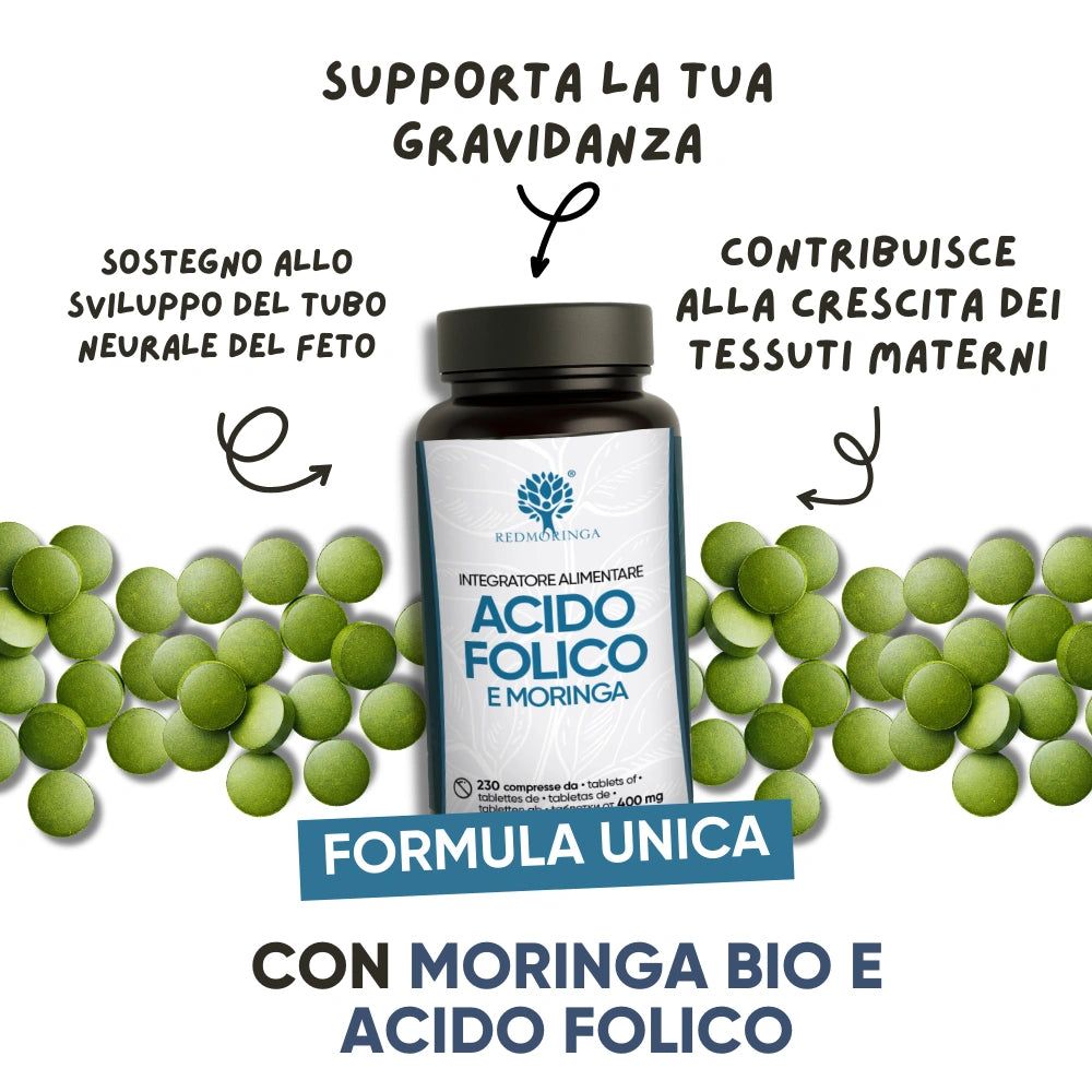 Flacon avec comprimés. Texte: Redmoringa, Acido Folico e Moringa. Soutient la grossesse, avec Moringa Bio.