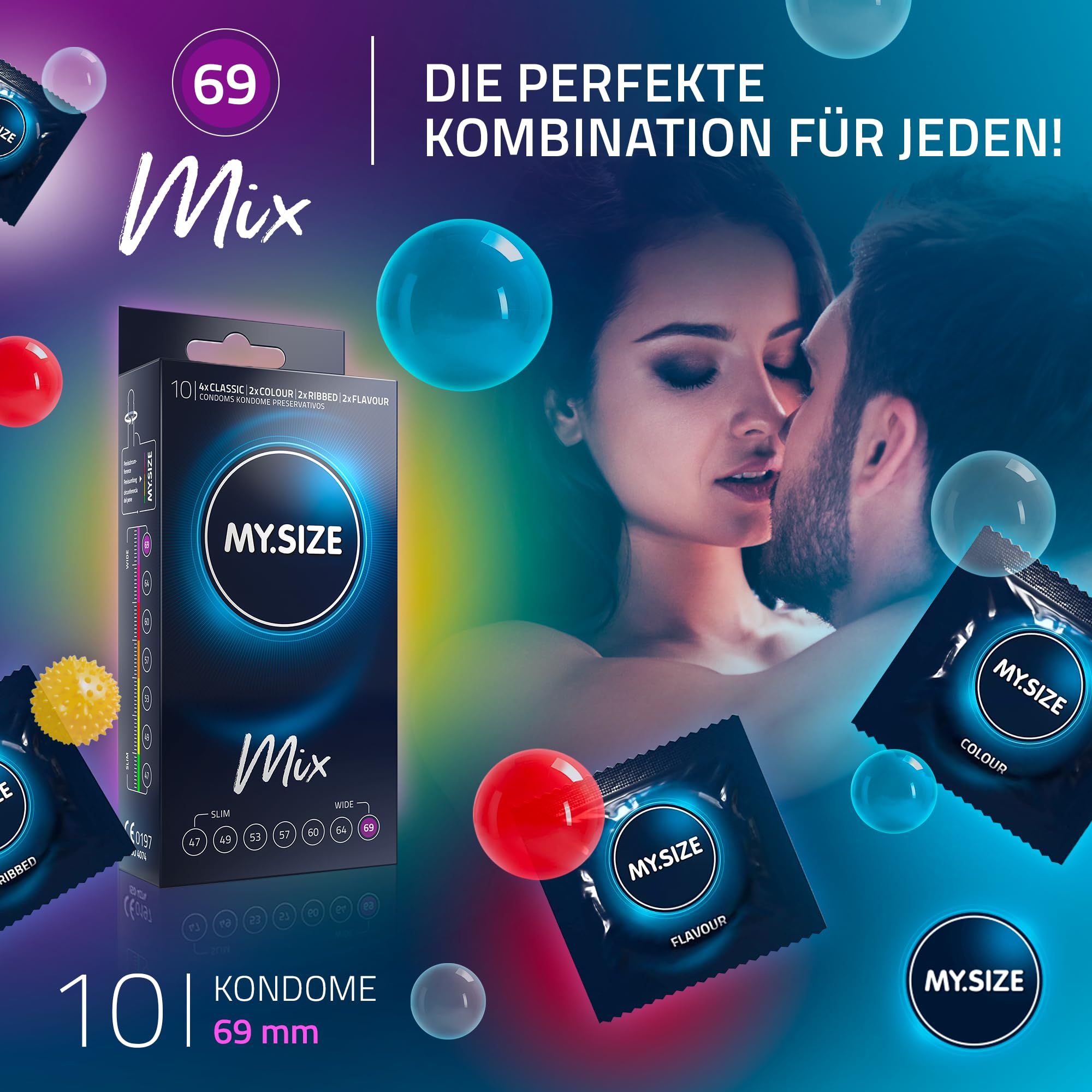 Verpakking van 10 MY.SIZE 69mm condooms, Mix-assortiment met verschillende soorten.