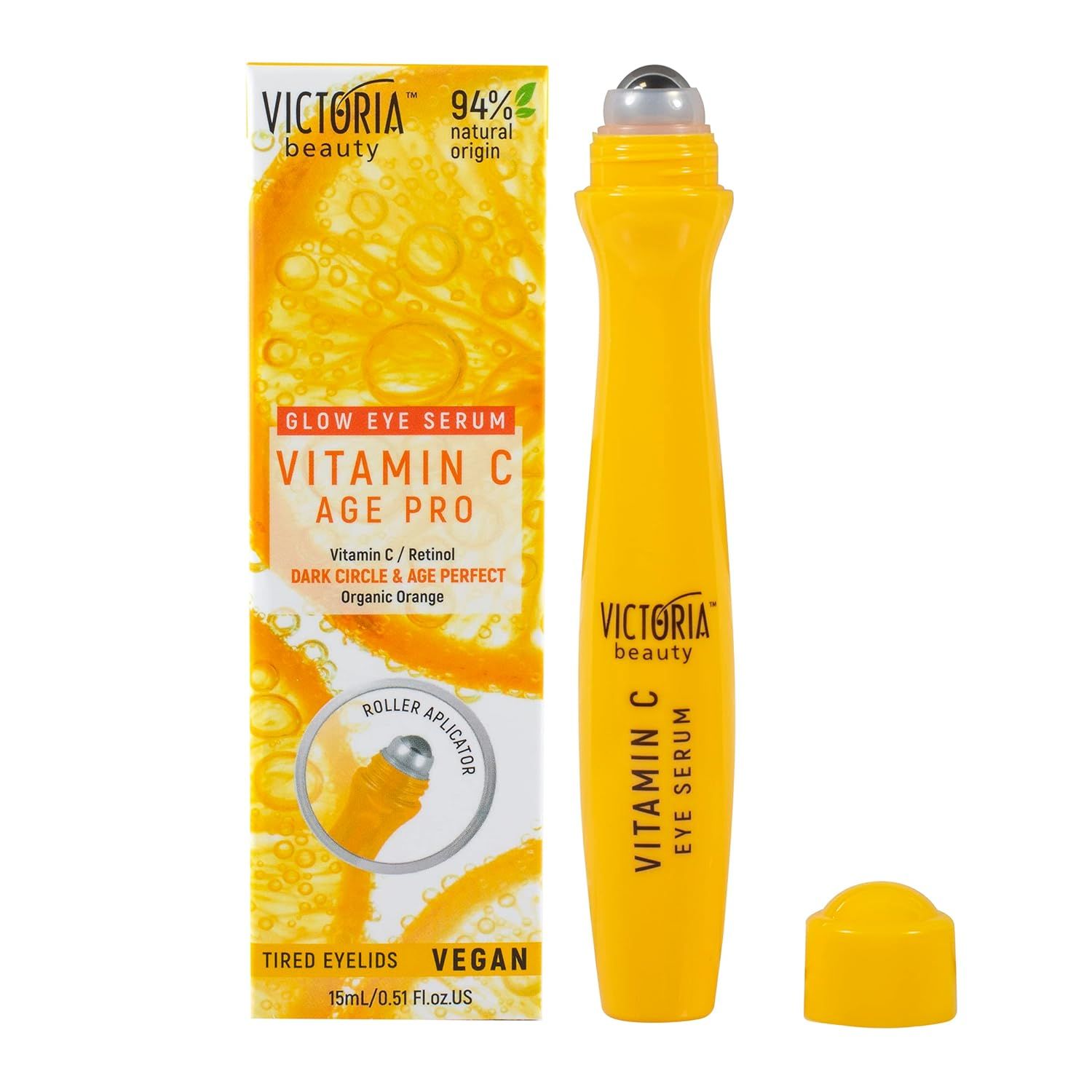 Gele oogroller met zilveren kogel. Verpakking met productnaam en ingrediënten. Veganistisch.