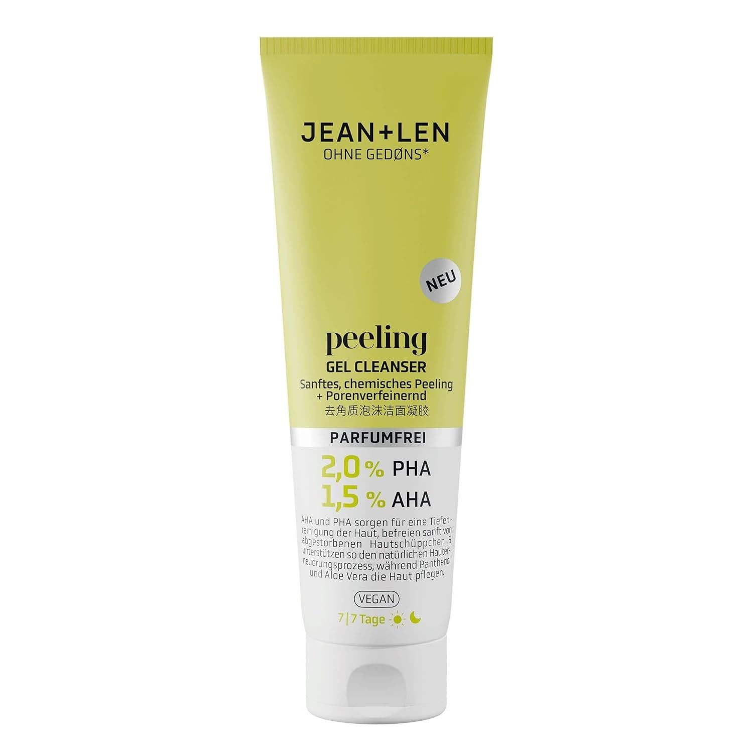 Tube de gel nettoyant jaune. Contient 2,0% PHA et 1,5% AHA. Inscription "Parfumfrei".