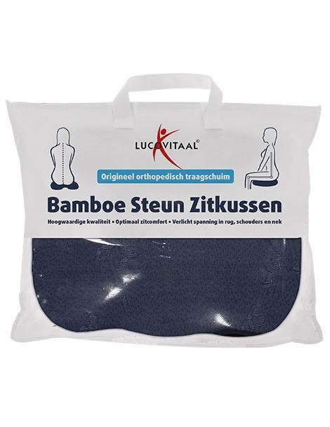 Blauw orthopedisch zitkussen in verpakking. Tekst: Lucovitaal, Bamboe Steun Zitkussen. Hoogwaardige kwaliteit. Optimaal zitcomfort.