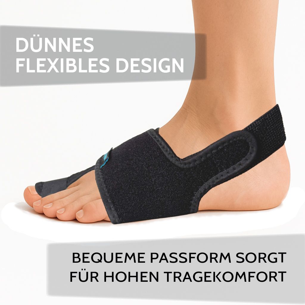 Pied avec attelle Hallux Valgus noire. Texte: AGILE NOW. Design fin et flexible. Coupe confortable.