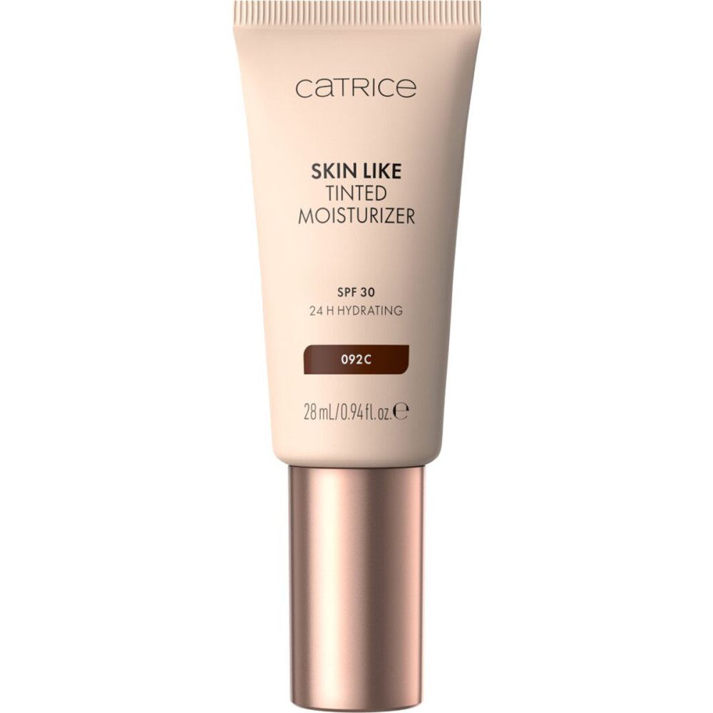 Beige tube Catrice. Skin Like getinte moisturizer, SPF 30. Tint 092C. Inhoud 28 ml. Gouden dop.