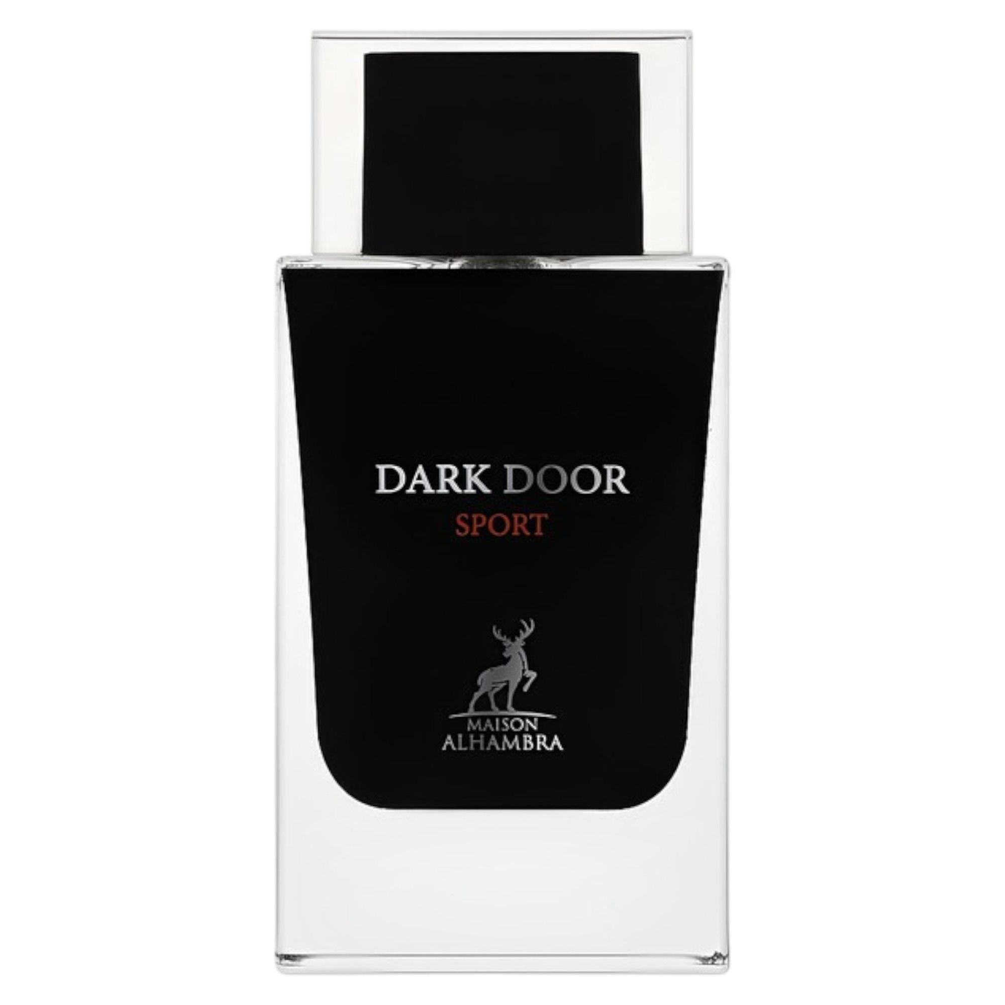 Dark DOOR SPORT Eau de Parfum. Rechthoekige glazen fles met zwart etiket, zilveren hertmotief en zilveren belettering.