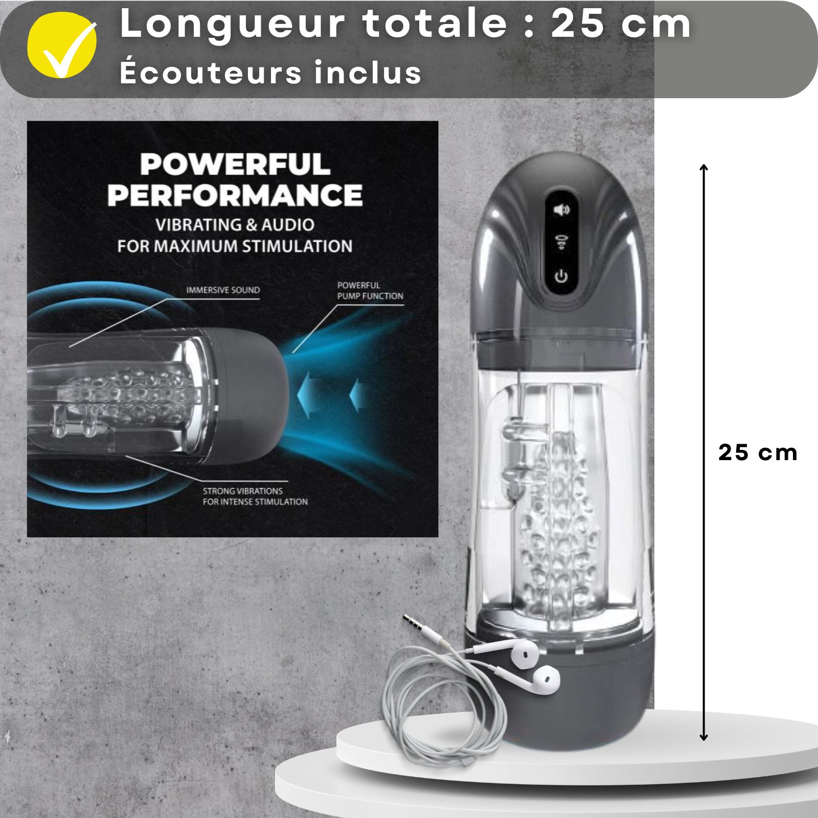 Produit avec texte: 25 cm, écouteurs inclus. Couple en arrière-plan, produit avec écouteurs et mesure.