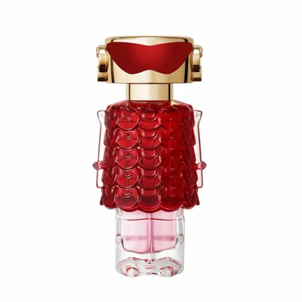 Rode en gouden parfumfles. Figuurvormige fles met rode jurk en gouden details. Transparante basis.