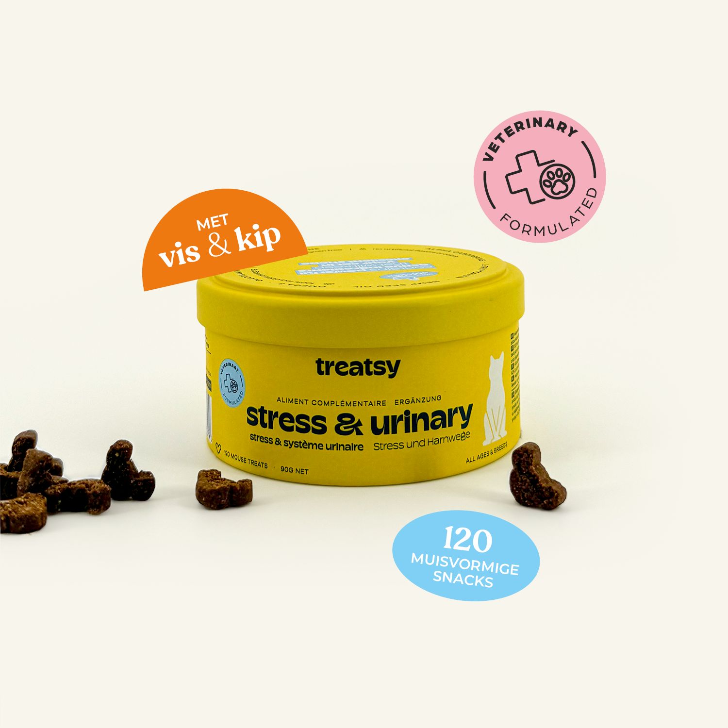 Gele doos 'Treatsy Stress & Urinary'. Bruine snoepjes en stickers.