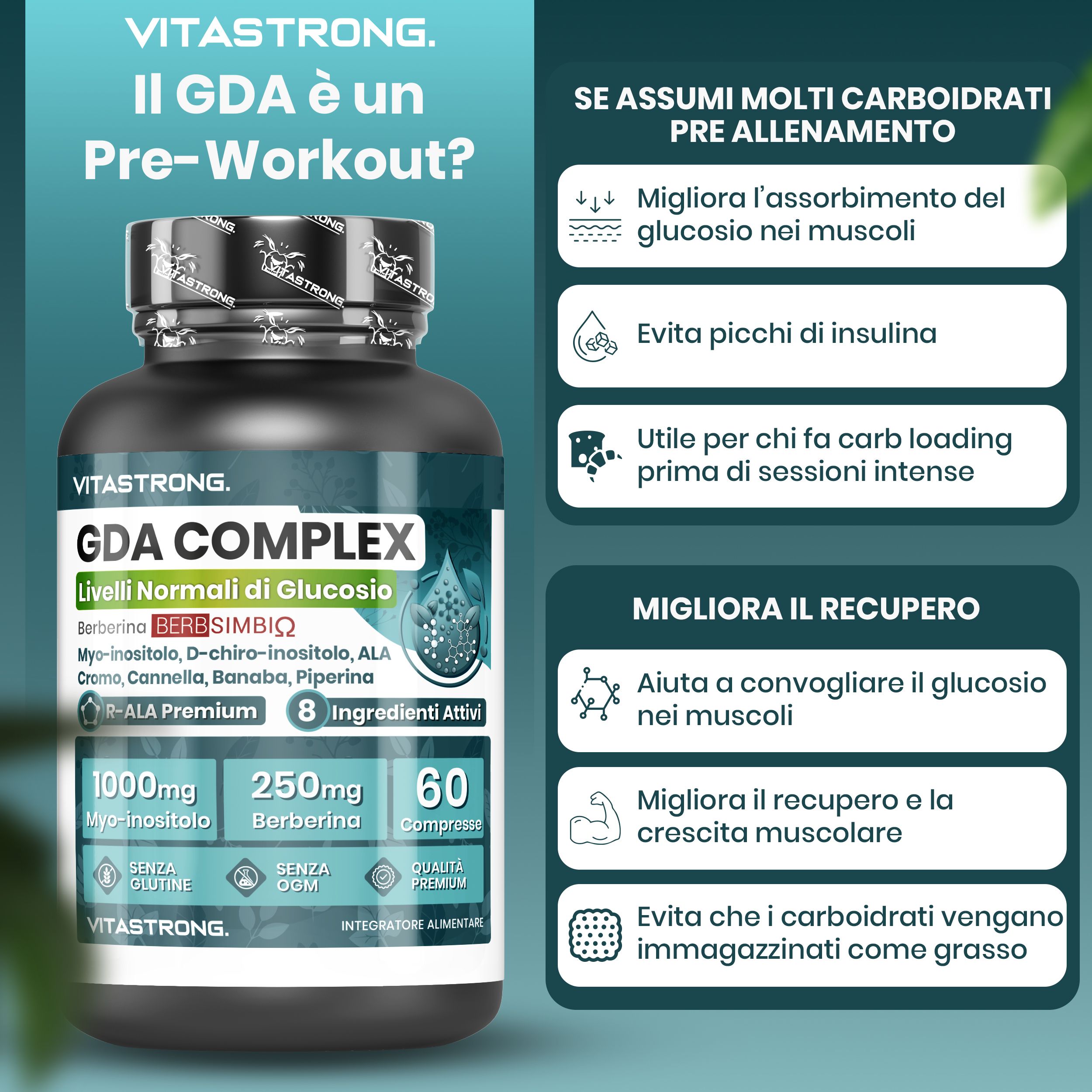 Vitastrong GDA Complex, 60 comprimés. Emballage. Texte: Myo-Inositol, Berbérine, 60 comprimés, sans gluten, sans OGM.