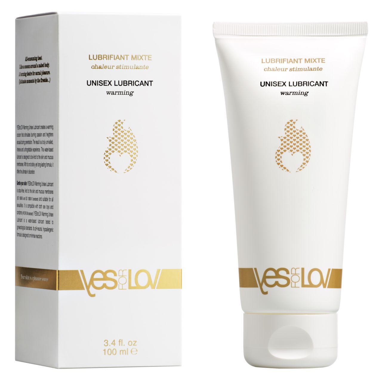 Verpakking en tube van YESforLOV Unisex Warming glijmiddel.