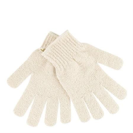 Une paire de gants de bain exfoliants de couleur crème avec poignets côtelés, isolés sur fond blanc.