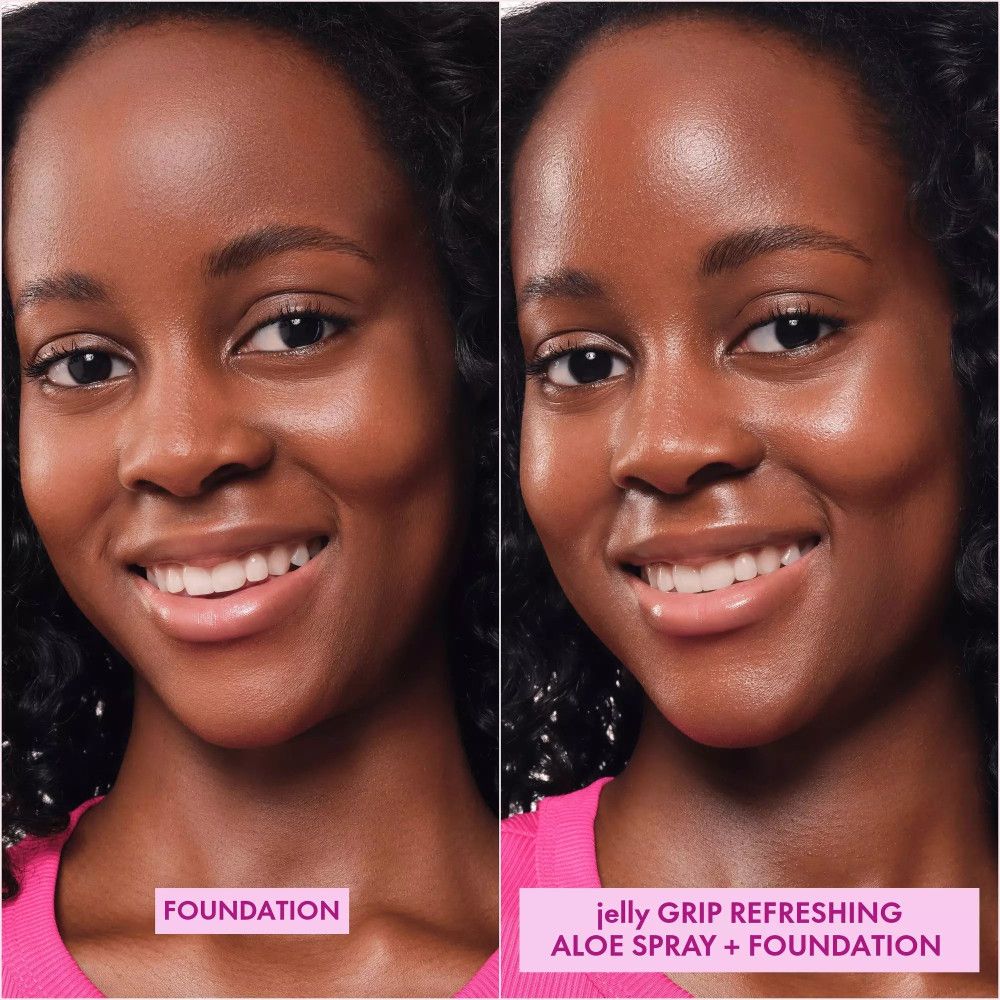 Deux visages. Gauche: Foundation. Droite: Jelly Grip Refreshing Aloe Spray + Foundation. La peau brille.