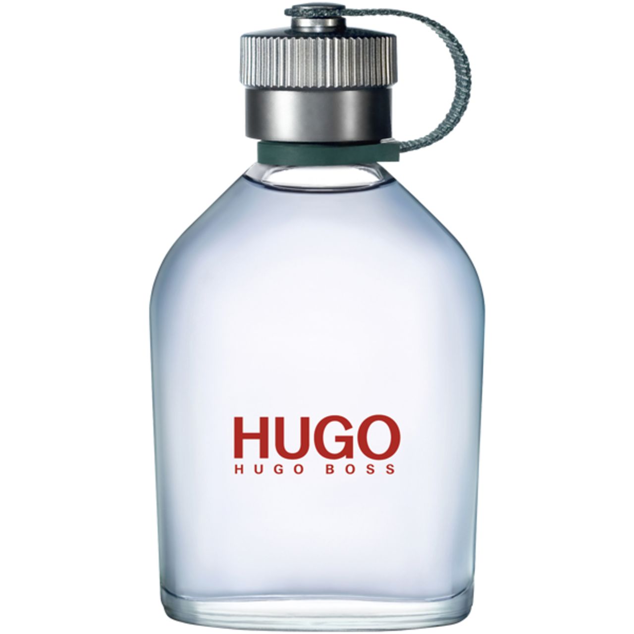 Flacon transparent avec le mot HUGO en rouge. Bouchon argenté avec cordon vert. Logo Hugo Boss en dessous.