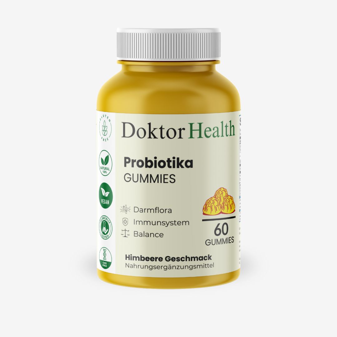 Gele fles met witte dop. Opschrift: Doktor Health, Probiotika Gummies, 60 gummies. Vegan-zegel.