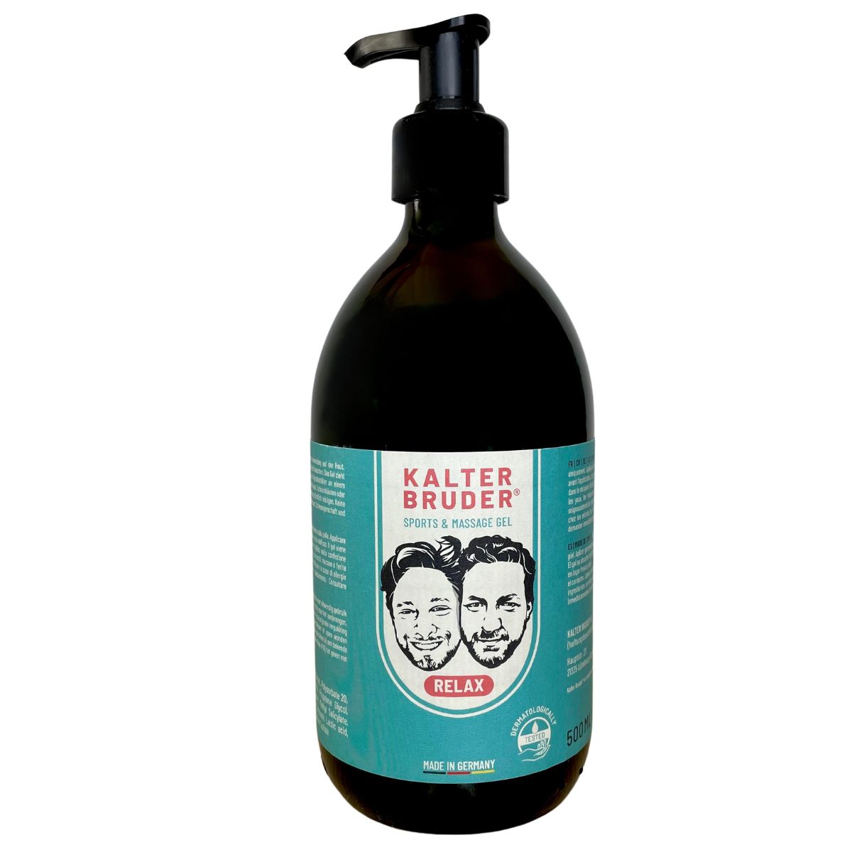Flacon brun avec pompe noire. Étiquette avec logo et visages. Texte : Sports & Massage Gel, Relax, Made in Germany.