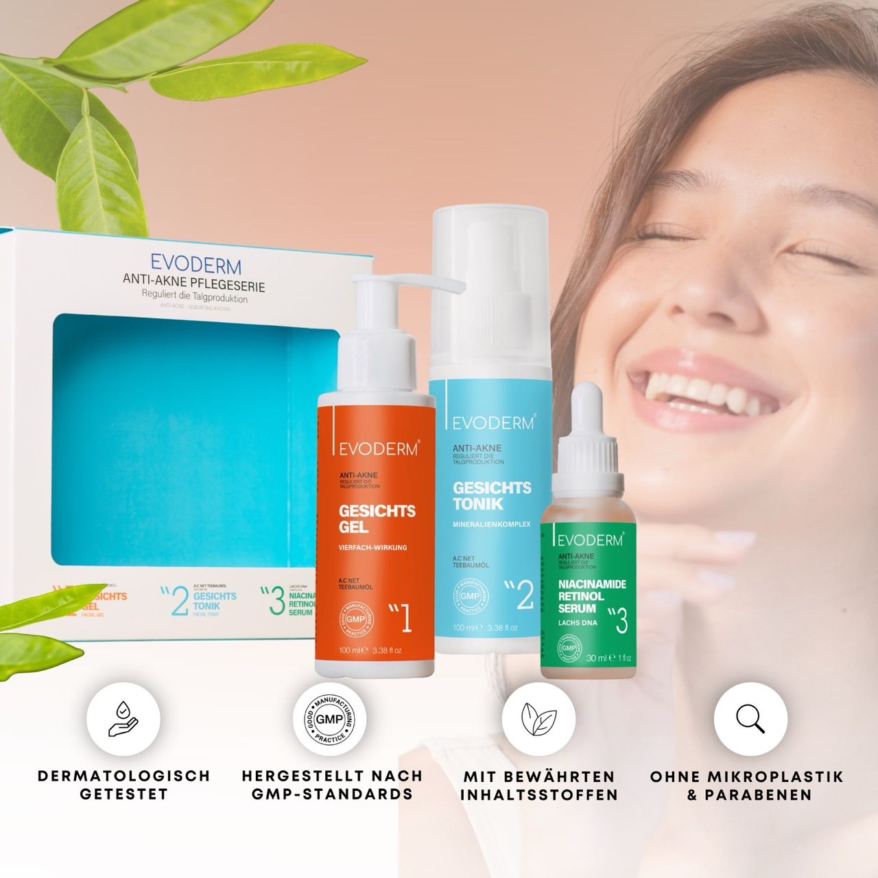 Drie producten: gel, toner en serum. Vrouw op de achtergrond. Tekst: Anti-acne verzorgingslijn. Dermatologisch getest.