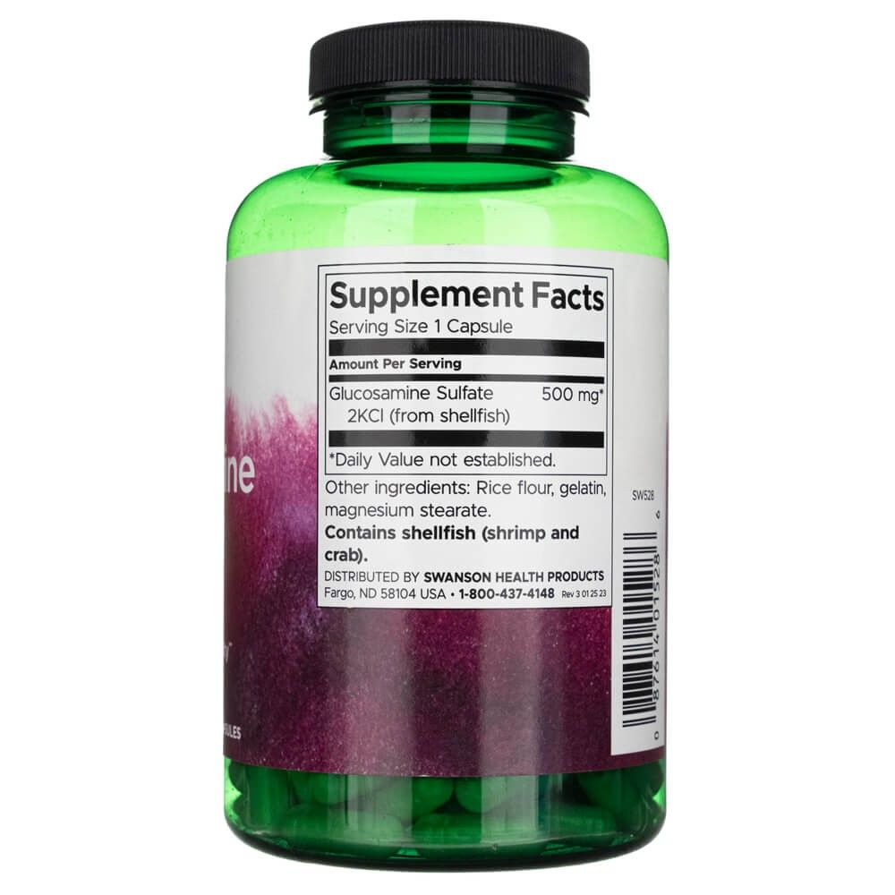 Groene capsule met 'Supplement Facts' etiket. Bevat Glucosamine Sulfaat 500 mg. Bevat schaaldieren.