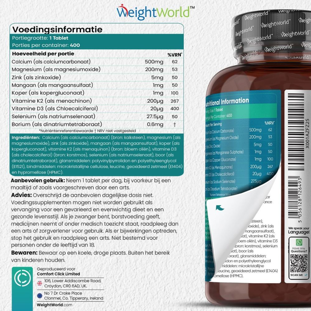 WeightWorld Calcium, Magnesium & Zink fles. Voedingsinformatie: calcium, magnesium, zink, etc. 400 porties.