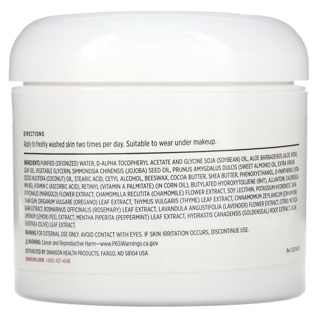 Pot blanc, vue arrière. Texte : Mode d'emploi, ingrédients, avertissements. Distribué par Swanson Health Products. Contient l'avertissement California Proposition 65.