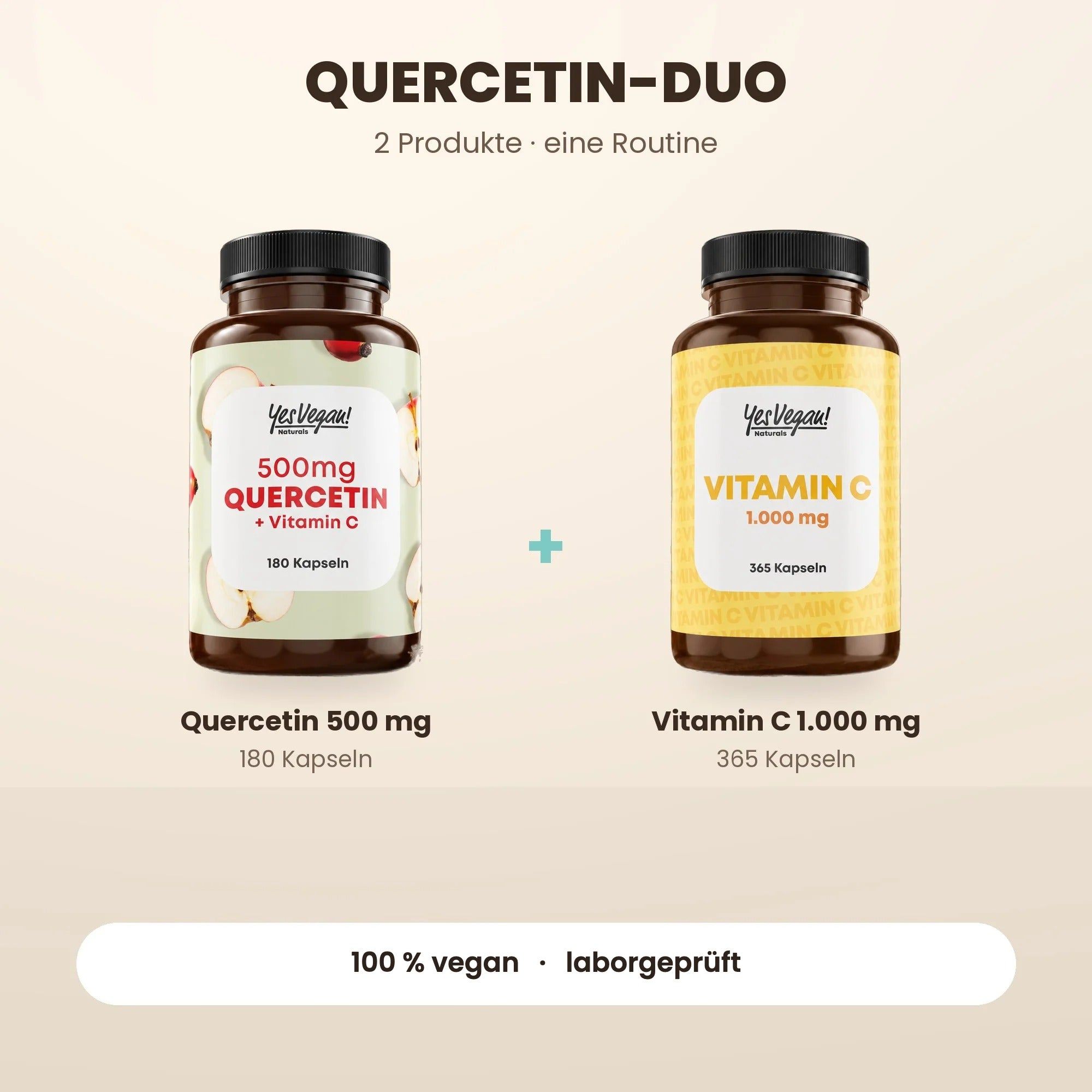 Twee flessen Yes Vegan: Quercetine 500mg + Vitamine C (180 capsules) en Vitamine C 1.000mg (365 capsules).
